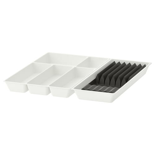 Deux organisateurs en plastique blanc avec compartiments et un porte-couteaux. Parfait pour les tiroirs de cuisine.