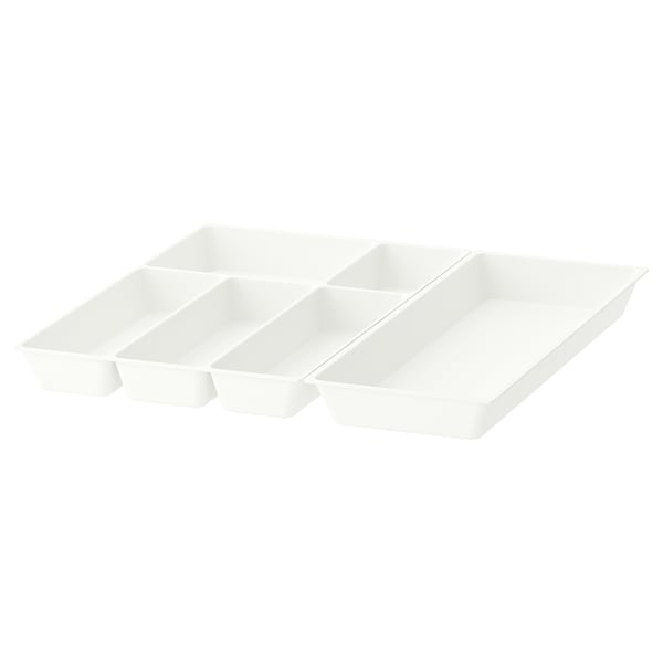 Trois organisateurs en plastique blanc de la série UPPDATERA, en forme de tiroirs maximera, conçus pour s’adapter à des tiroirs de 60 cm de large.