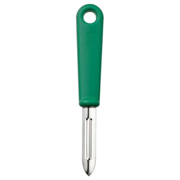 Éplucheur UPPFYLLD vert, lame en acier inoxydable, manche en plastique avec trou de suspension.
