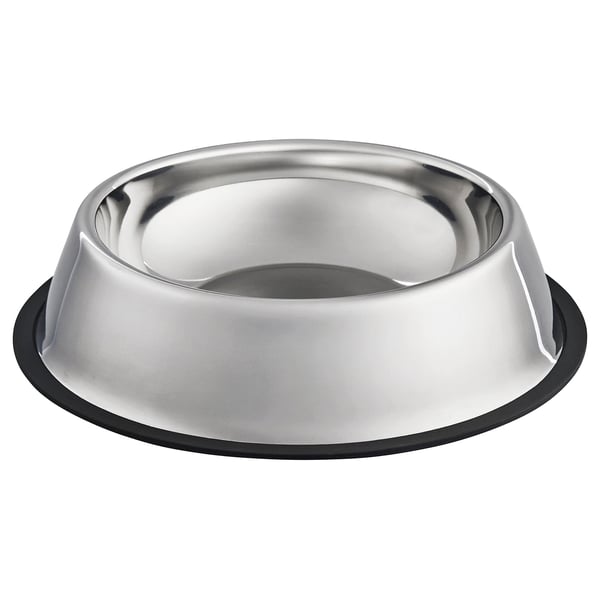 UTSÅDD, bol pour chien en acier inoxydable argenté avec base en caoutchouc noir pour la stabilité.