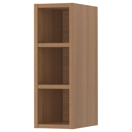Une armoire de rangement en bois VADHOLMA vide. Il est rectangulaire, brun et a trois étagères ouvertes.