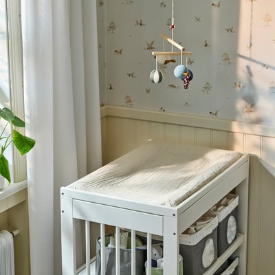 VÄDRA Matelas à langer avec housse, beige/bleu, 48x74 cm