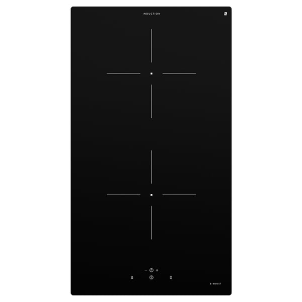 Table de cuisson à induction noire avec deux zones, commandes tactiles et fonction booster.