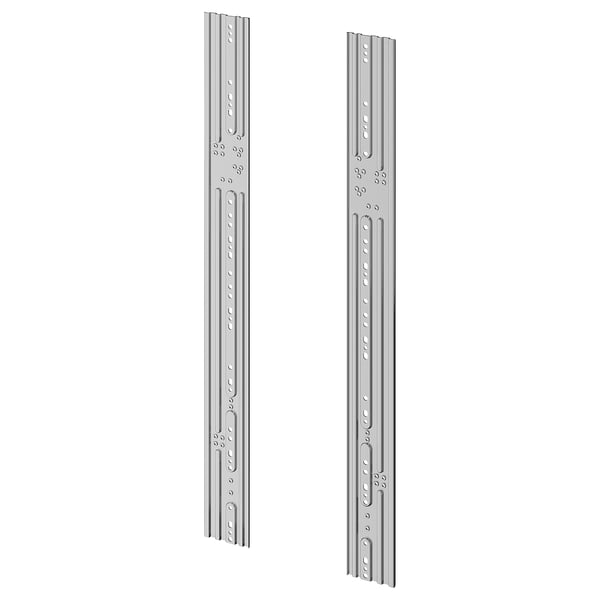 Deux rails de connexion VÅGLIG en métal argenté pour l’installation d’armoires de cuisine, illustrés dans une orientation verticale, avec des trous pré-percés pour un alignement facile.