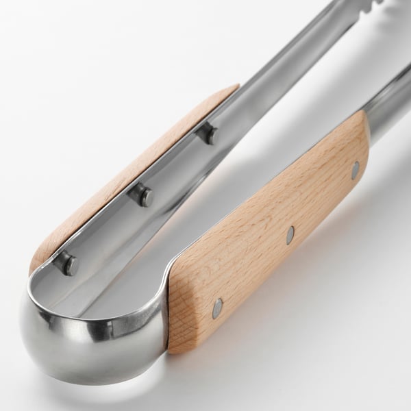 Pince de cuisine en acier inoxydable avec poignées en bois ; Robuste, facile à prendre en main et allant au four.