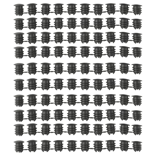 Imaginez plusieurs rangées de couvercles d’armoires VARIERA noirs, affichant leur forme cylindrique et leur design nervuré en plastique polyéthylène.