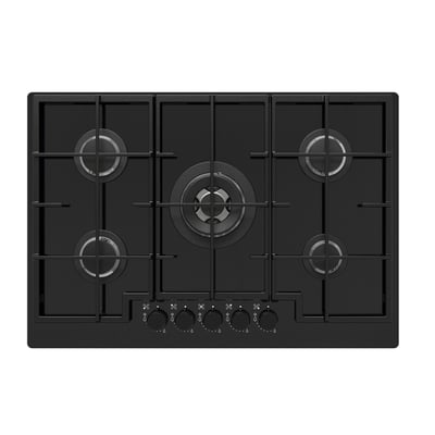 Plaque de cuisson à gaz noir VASASTAN, surface en verre élégante, 5 brûleurs, brûleurs scellés, allumage électronique.