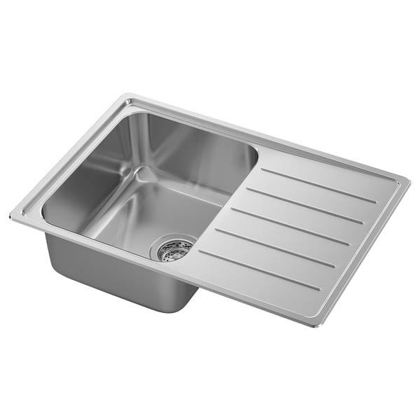 Évier de cuisine en acier inoxydable, cuve unique avec égouttoir, forme carrée, design moderne.