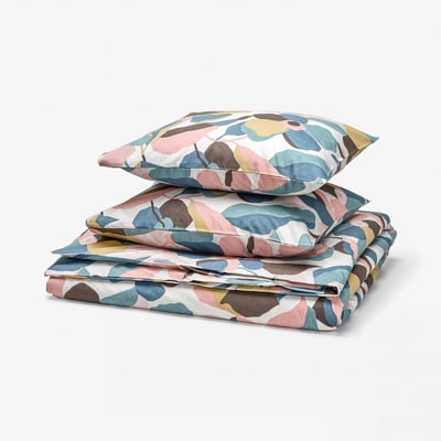 Ensemble de literie pliée à motifs de feuilles, multicolore, mélange coton/lyocellule, carrés, formes géométriques.