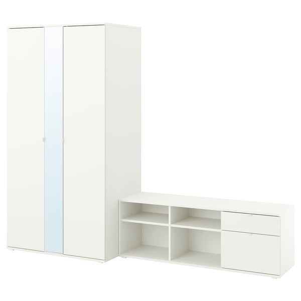 Armoire VIHALS blanche avec portes en miroir et meuble tv avec étagères et tiroirs, matériaux renouvelables.