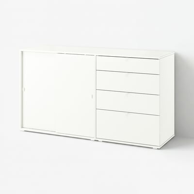 Armoire VIHALS blanche avec portes et tiroirs miroirs.