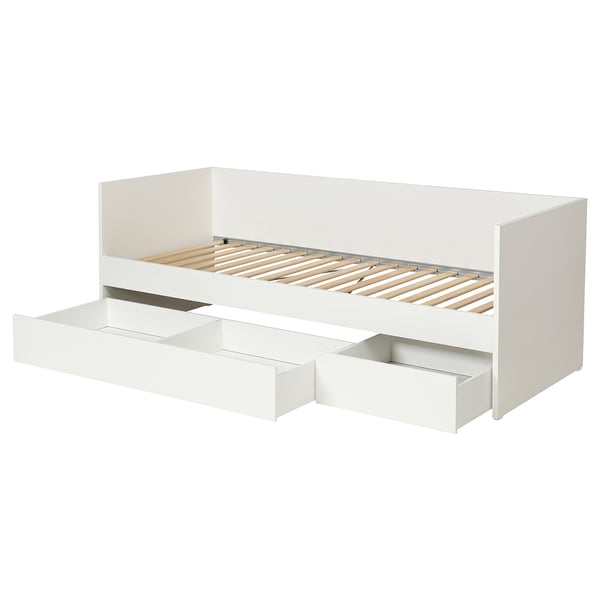 Méridienne VISALS blanche avec rangement. Design moderne, finition blanche, forme rectangulaire. Sommier à lattes et tiroirs de rangement coulissants.