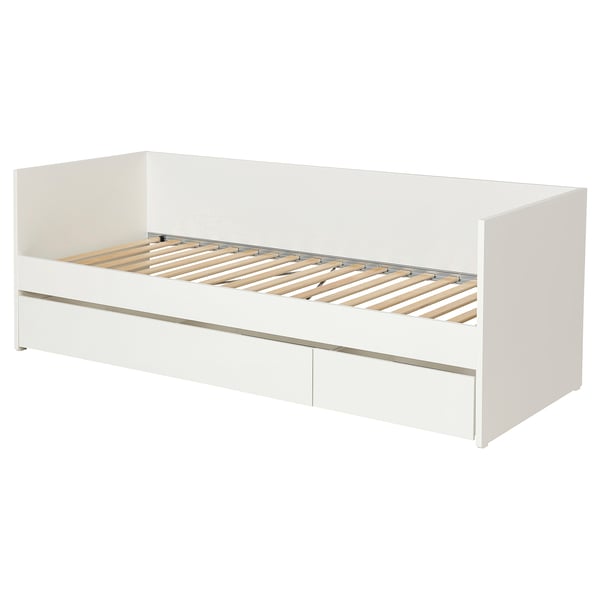 Lit de repos VISALS blanc avec tiroirs de rangement et sommier à lattes.