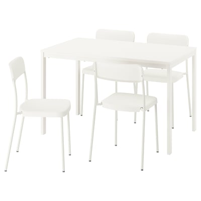 Ensemble VIHALS blanc : 2 tables carrées, 4 chaises ; Acier et plastique minimalistes et durables.