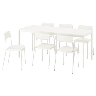 Un ensemble de salle à manger VISALS blanc avec une table extensible rectangulaire et quatre chaises dans un design moderne et minimaliste.