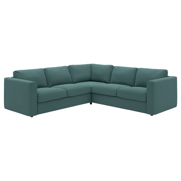 Canapé d’angle VIMLE sarcelle, trois pièces, design carré, housse en tissu amovible.