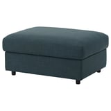Pouf VIMLE, bleu sarcelle, carré, tissu moelleux, quatre pieds en bois.
