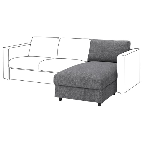 Le canapé VIMLE en gris avec une chaise longue. Il est moderne, avec des lignes épurées et une housse amovible et lavable en machine.