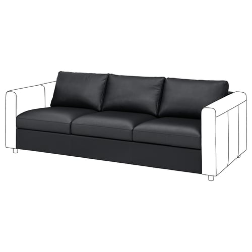 Canapé en cuir VIMLE noir, design moderne, trois coussins d’assise, minimaliste.