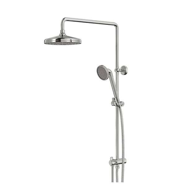 Set de douche VOXNAN : chromé, mural, bras incurvé, pomme de pluie ronde, pulvérisateur à main, hauteur réglable, économe en énergie.