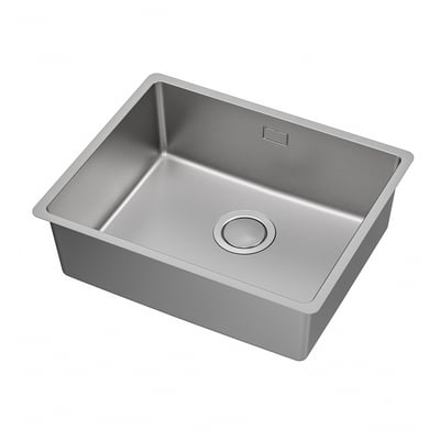 Évier de cuisine en acier inoxydable à cuve unique, rectangulaire, design moderne, élégant et mince, avec trou de vidange au centre en bas.