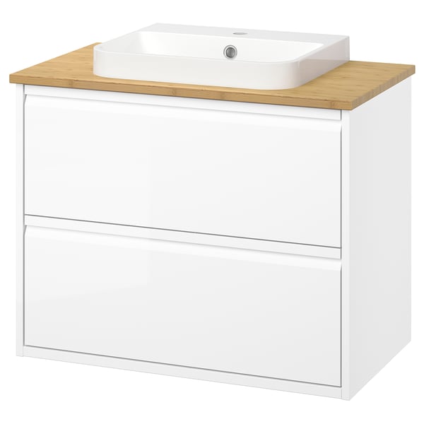 Elegante witte ÄNGSJÖN wastafel met bamboe aanrecht, rechthoekige gootsteen, twee laden. Modern, minimalistisch ontwerp.