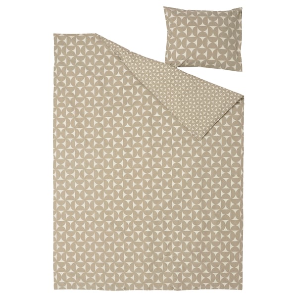 Grijs-beige dekbed & kussenset, katoen-viscose, geometrisch patroon.