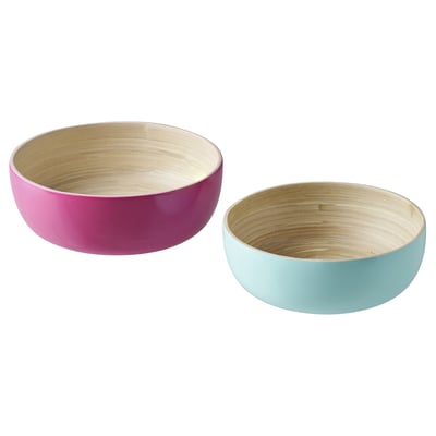 Twee kleurrijke bamboe kommen: roze & lichtblauw, ronde, gladde randen.