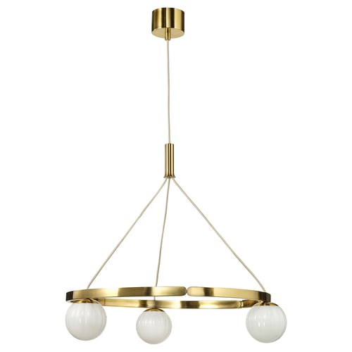 AKTERSPRING hanglamp - messing & glas, gouden, cirkelvormig frame met drie bollen, hangend ontwerp.