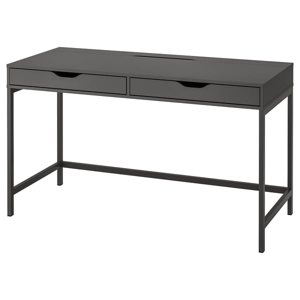 Modern zwart ALEX-bureau met slanke metalen poten, rechthoekig blad en twee lades voor gestroomlijnde opslag.