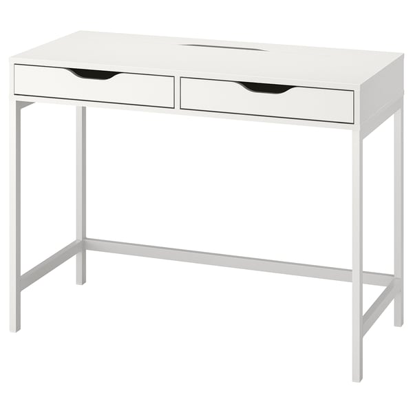 Wit minimalistisch bureau met metalen poten en twee lades voor compacte opslag.