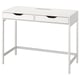 Wit minimalistisch bureau met metalen poten en twee lades voor compacte opslag.