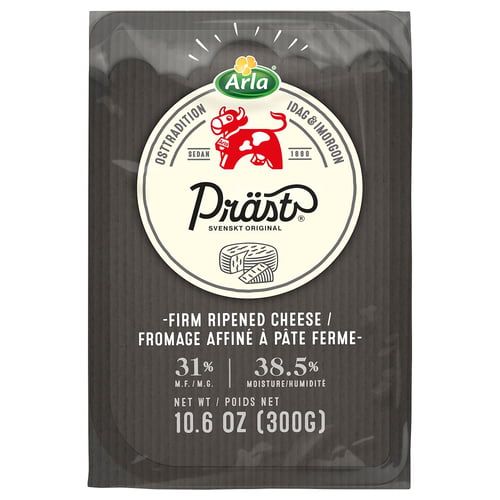 Afbeelding toont de verpakking van ARLA PRÄST-kaas. Zwarte verpakking met wit logo. Kaas weegt 10. 6 ons.
