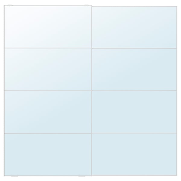 Vierkante spiegelpaneelset, vier heldere glaspanelen in witte aluminium kaders.