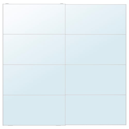 Vierkante spiegelpaneelset, vier heldere glaspanelen in witte aluminium kaders.