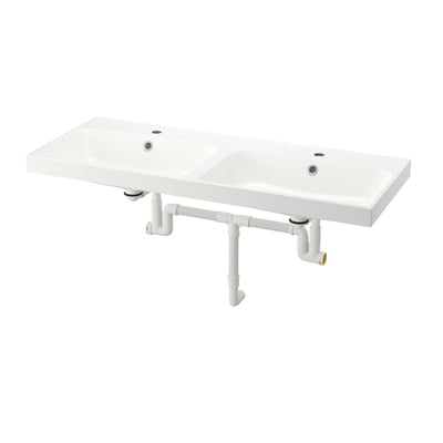 Een witte BACKSJÖN dubbele wastafel gemaakt van gebroken marmer, ontworpen voor moderne badkamers met strakke lijnen.