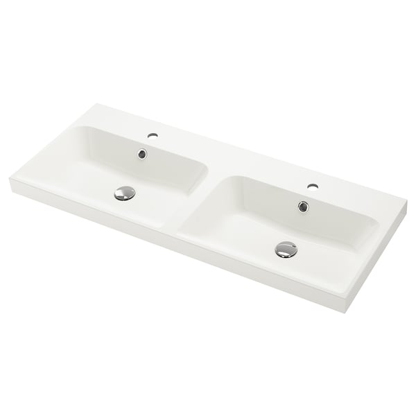 BACKSJÖN witte marmeren spoelbak, strak modern design, geïntegreerde dubbele wastafels, chromen afvoerdoppen.
