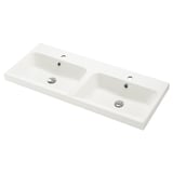 BACKSJÖN witte marmeren spoelbak, strak modern design, geïntegreerde dubbele wastafels, chromen afvoerdoppen.