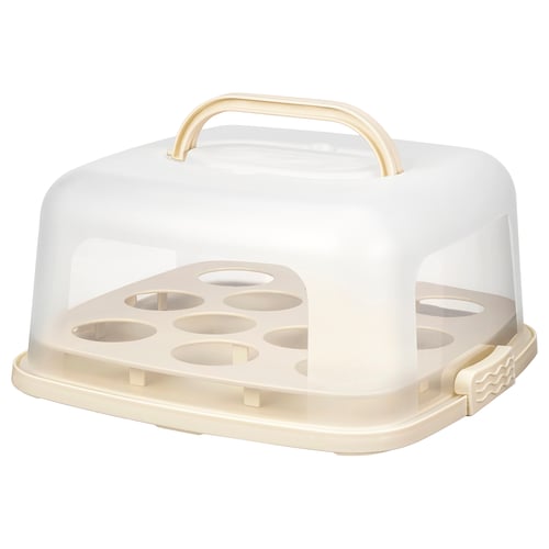 Een witte BAKTIDER cakehouder met deksel en handvat, gemaakt van polypropyleen plastic, ontworpen om gebakken producten op te slaan en te vervoeren.