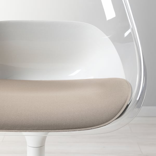 Moderne draaistoel met doorzichtige kuip en gedempte zitting, met een strak design en comfortabele vulling.