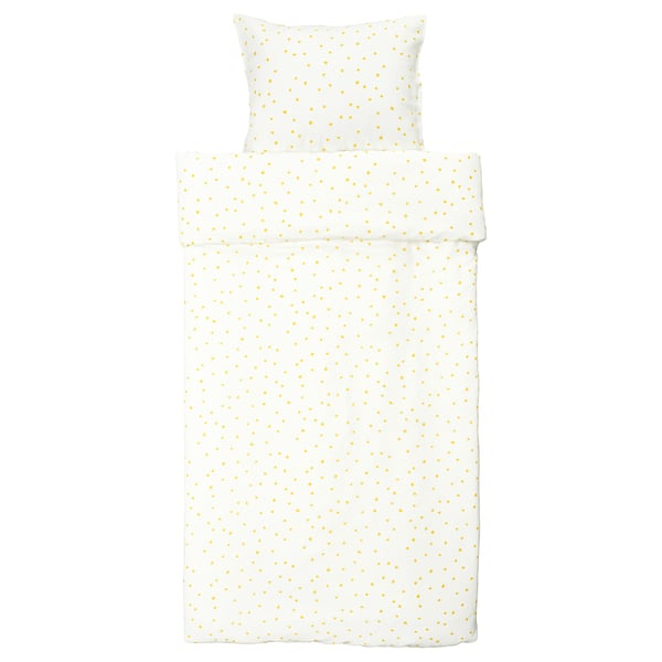 Een wit dekbedovertrek en kussensloop bezet in lichtgele stippen, rechthoekige vorm. Gemaakt van 52% gerecycled katoen en 48% viscose/rayon.