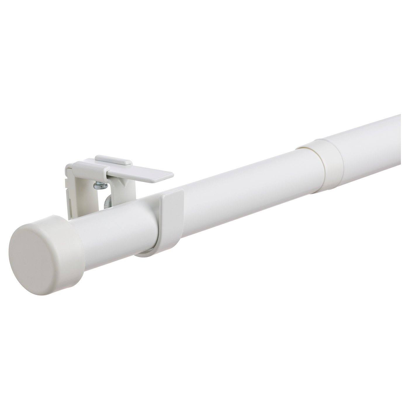 Een witte BEKRÄFTA gordijnroedeset met muurbeugels, met een glanzende afwerking en een strak, modern design.