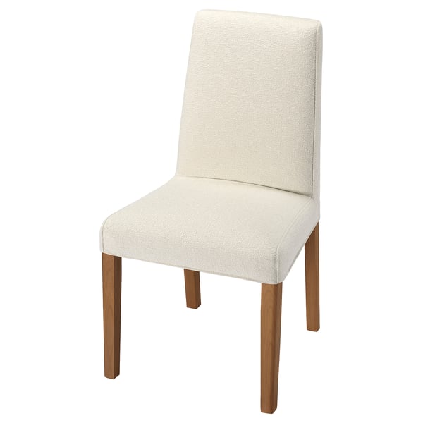 BERGMUND-stoel, crèmekleurige stof, houten poten, hoge rugleuning, comfortabel, modern ontwerp.