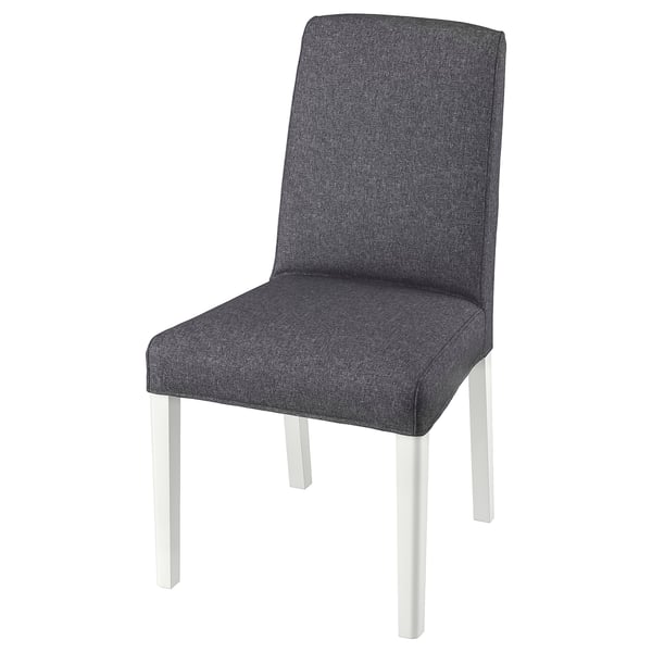Moderne BERGMUND stoel, grijze stof, witte poten, vierkante vorm, comfortabel & stijlvol.