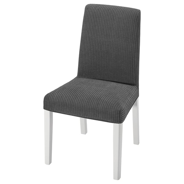 BERGMUND-stoel: donkergrijs met witte poten, modern, gestoffeerd.