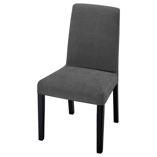 BERGMUND-stoel, donkergrijs, bekleed, rechte lijnen, houten poten, modern ontwerp.