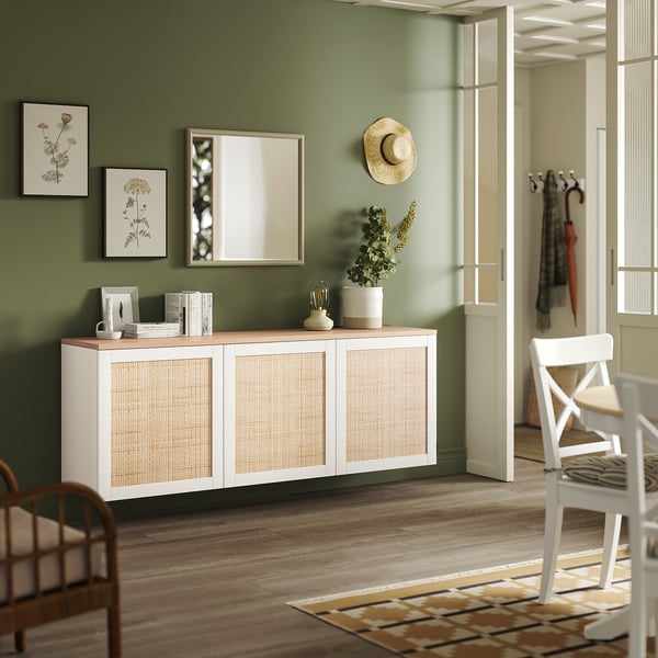 BESTÅ Kastcombinatie wand, wit Studsviken/wit geweven populier, 180x42x66 cm