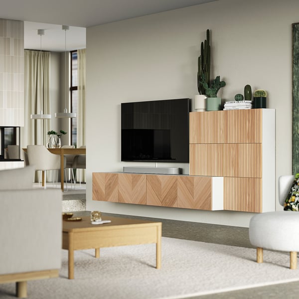 BESTÅ Mediameubel, combinatie, wit Björköviken/Hedeviken eikenfineer, 300x42x114 cm