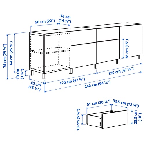 Illustratie met afmetingen voor het product: BESTÅ.
