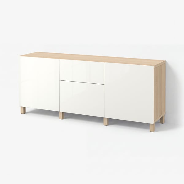 BESTÅ Opberger met lades, wit gelazuurd eikeneffect/Selsviken/Stubbarp hoogglans/wit, 180x42x74 cm
